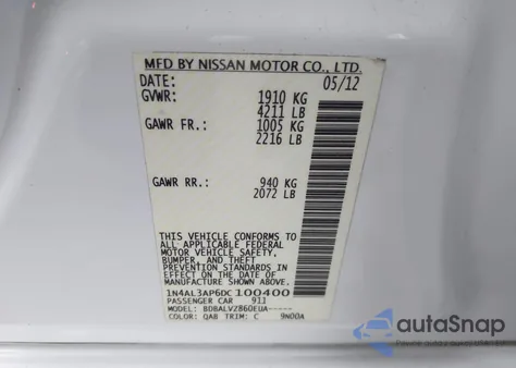 2013 Nissan Altima 2.5 Sl z USA, uszkodzony, nr VIN 1N4AL3AP6DC100400